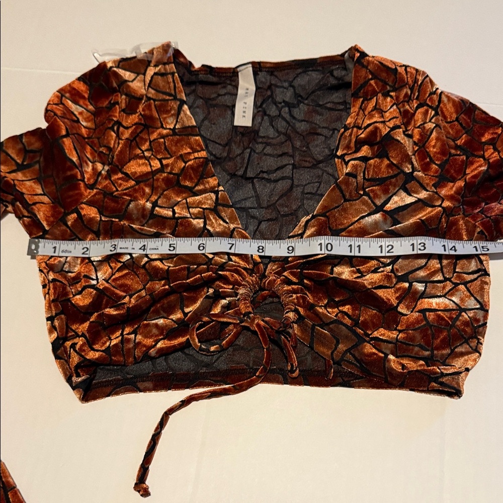 Velvet Drawstring Cropped Long Sleeve Top - Copper Brown - Picture 8 of 9